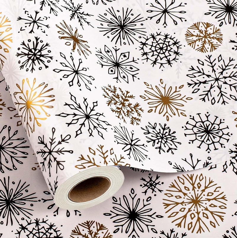 MAYPLUSS Christmas Gift Wrapping Paper Roll - 17 Inch X 33 Feet - Minimalistic Elegant Snowflake Flurry with Gold Design Winter Holiday Gift Wrap Sheet for Party, DIY Crafts & Festive Decoration - Image 1